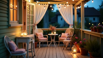 Fototapeta premium A cozy shabby chic elegant porch with vintage-style furniture, including a loveseat and armchair with floral cushions and pink pillows. adorned with hanging plants, string lights, and a chandelier.