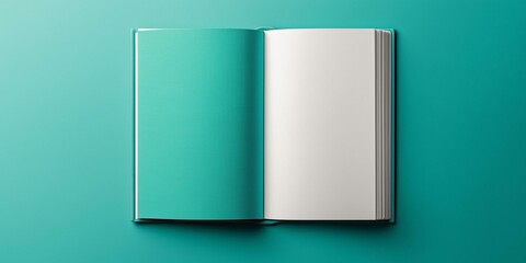 Open book with a textured turquoise cover on a matching background.