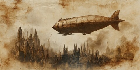 Naklejka premium Steampunk airship floats above a dark and misty cityscape