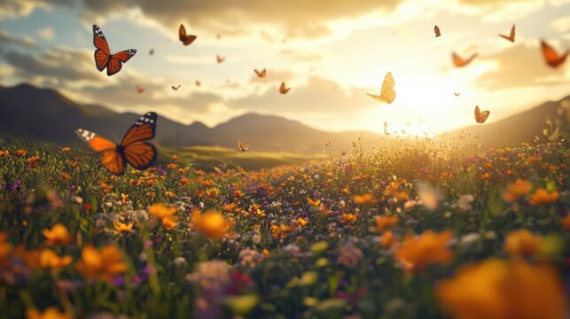 A serene wildflower field in full bloom, surrounded by gentle hills, as butterflies flutter through the air under a radiant summer sky