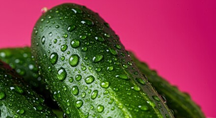 Close-up of fresh green cucumbers with water droplets on pink background
