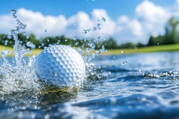 Vibrant Splash of a Golf Ball Landing in a Reflective Pond Under Bright Midday Light Captured in Mid-Air with Water Droplets Forming Artistic Patterns