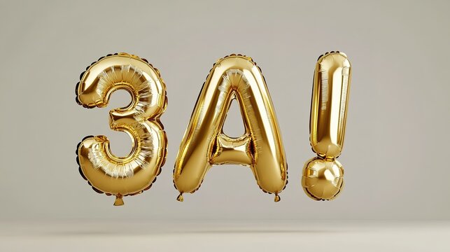 Golden celebratory balloons spelling out '3A!' floating against a plain backdrop