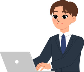 smiling businessman character working with laptop illustration