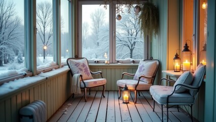 A snowy cozy shabby chic elegant porch with vintage-style furniture, including a loveseat and armchair with floral cushions and pillows. with chandelier decoration