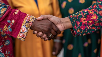 Handshake between diverse groups community center social interaction indoor setting close-up perspective unity and cooperation