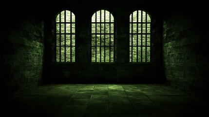 Dark Room with Three Arched Windows and Grates in Stone Building with Green Ambient Light.