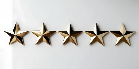 Five golden five-pointed stars arranged in a horizontal line, each with a polished metallic texture and soft shadows, centered on a clean white background3