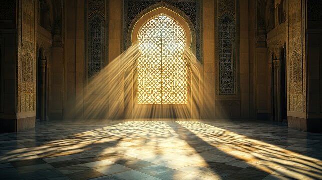 Sunlight streams through an ornate window casting patterned shadows on a tiled floor