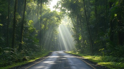 Obraz premium Sunlit Forest Path Surrounded by Lush Greenery with Rays of Light Shining Through the Trees