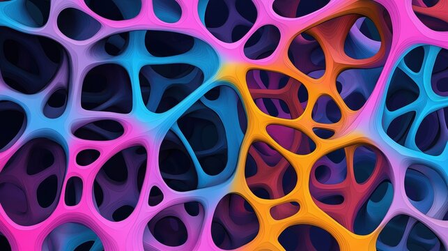 Polymorphic design with interconnected rounded shapes in vibrant neon colors
