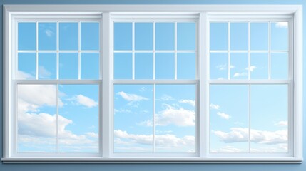 Fototapeta premium Scenic window view showcasing clear blue sky and clouds home interior digital image bright atmosphere eye-level perspective tranquil concept