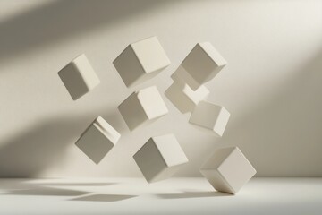 A simple yet powerful 3D-rendered typographic concept with floating block letters casting dramatic soft shadows on a neutral surface