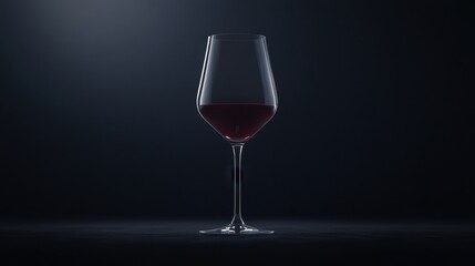 A single elegant wine glass filled with deep red wine, standing against a pitch-black background, with soft light highlighting its curves