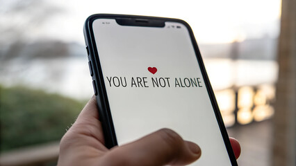 Hand holding phone displaying 'You are not alone' with smiling heart icon. Warm home setting creates comforting atmosphere. Concept of: mental health support, crisis intervention, emotional wellness.