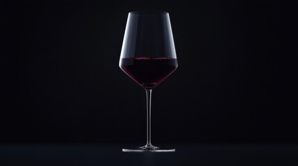 A single elegant wine glass filled with deep red wine, standing against a pitch-black background, with soft light highlighting its curves