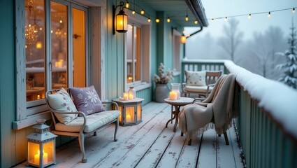 A snowy cozy shabby chic elegant porch with vintage-style furniture, including a loveseat and armchair with floral cushions and pillows. with chandelier decoration