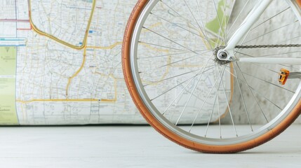Fototapeta premium Cycling adventure urban area bicycle wheel close-up city map background ground level exploring sustainable transport options