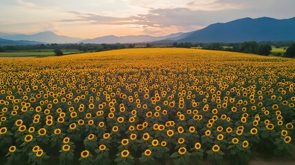 Obraz premium Vibrant sunflower field at sunset, golden flowers stretching across a vast landscape, ideal for nature-themed projects.