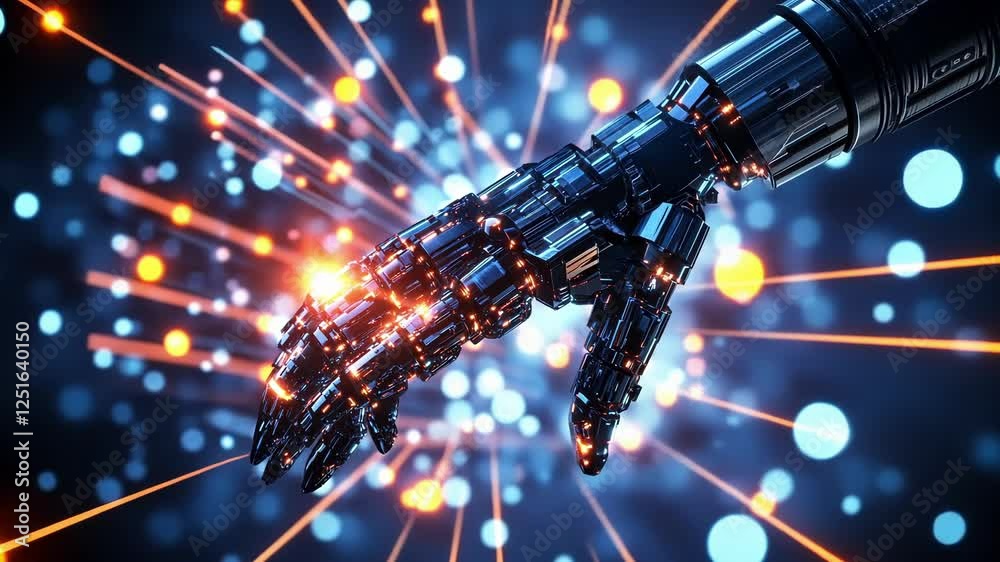 Poster metallic robotic hand extending forward amidst a dynamic backdrop of glowing lights and fast moving 
