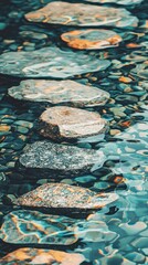 Smooth stones path in water, tranquil scene, natural walkway