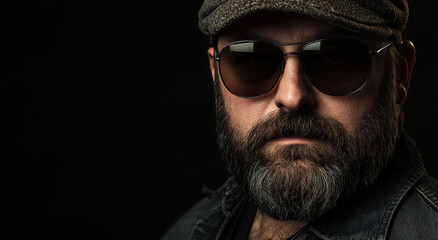 Fototapeta premium A bearded man in sunglasses and a cap showcases a confident look, illuminated softly against a dark background, exuding a mysterious vibe