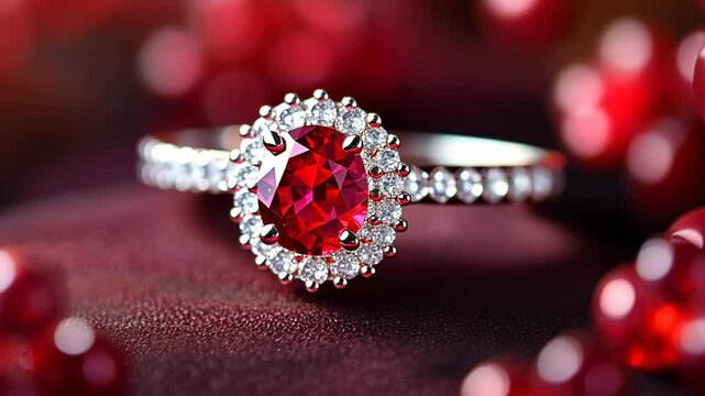 Stunning ruby engagement ring surrounded by soft red berries and fabric