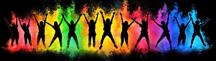Naklejka premium People jumping in colorful powder, celebration, joyful scene, background use