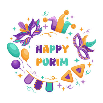 A vibrant vector illustration celebrating Purim, featuring colorful masks, a jester s hat, and delicious hamentashen pastries. Encircled in a round frame, it embodies joy and festivity of the holiday.