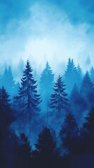 Fototapeta premium Misty blue coniferous forest landscape evokes tranquility and peacefulness