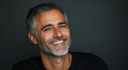 Obraz premium A man in his late years smiles charmingly, showcasing his gray hair and bright expression, embodying confidence and approachability
