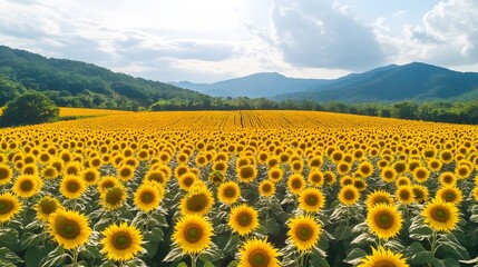 Fototapeta premium Vibrant sunflower field, bright yellow flowers stretching across a landscape with mountains and cloudy sky in the background.