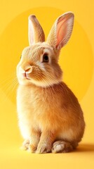 Obraz premium close-up of a domestic rabbit with long ears against a yellow background.