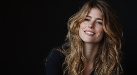 Fototapeta premium Kate Halliway is smiling warmly, showcasing her natural beauty and light in a close-up portrait against a contrasting dark backdrop