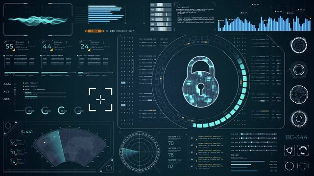 Motion graphic of Blue digital security key with head up display (HUD UI) and circuit panel futuristic abstract background network firewall technology and data secure video concepts