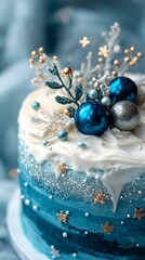This is an image of a blue and white cake decorated with Christmas ornaments.