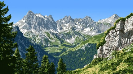 Obraz premium Alpine mountain valley view, sunny day, lush greenery, ideal for nature wallpaper