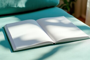 Open notebook, sunlit couch, plant backdrop, peaceful home