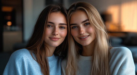 Two female models, one with brown hair and the other with blonde hair, share a joyful moment indoors as the sun sets behind them