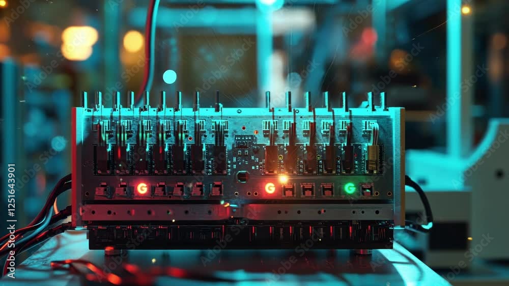 Poster quantum computer executing complex calculations in a futuristic laboratory, with glowing qubits floa