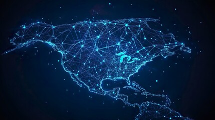 Glowing Printed Circuits Map of North America on Computer Chip: Global Network and Connectivity