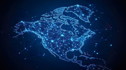 Glowing Printed Circuits Map of North America on Computer Chip: Global Network and Connectivity