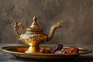 Fototapeta premium Golden Teapot with Dates: A moment of serenity and a classic beverage pairing