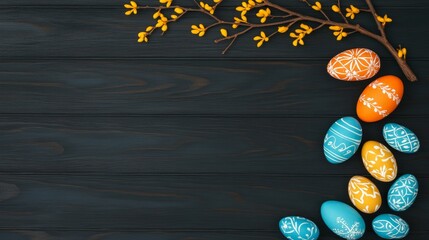 Decorated Easter Eggs On Dark Wood Table With Yellow Forsythia Blossoms Branch Background Spring.