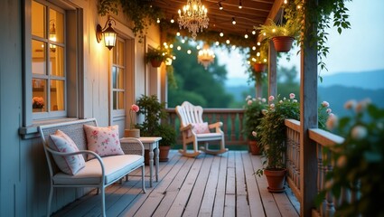 Fototapeta premium A cozy shabby chic elegant porch with vintage-style furniture, including a loveseat and armchair with floral cushions and pink pillows. adorned with hanging plants, string lights, and a chandelier.
