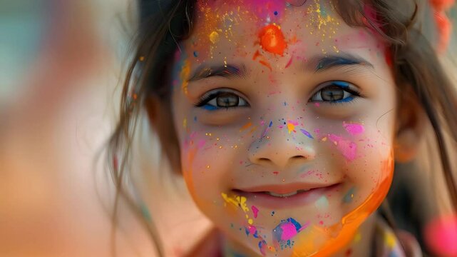 Young girl with colorful face paint and bindi celebrating Holi festival and Hindu New Year. Little happy child with festive colors for Diwali, Rangoli art, Ugadi