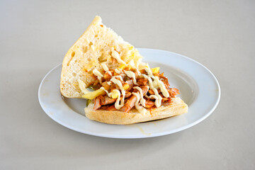 Lavash zurna doner kebab ( zurna  durum )  or shawarma sliced in plate isolated.  hatay usulu tavuk Et doner durum. Gobit ekmek arasi doner. Pilavustu iskender doner kebap. 
