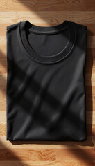T Shirt Mockup Front view of black folded t-shirt on wooden surface