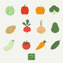 12 colorful vegetables line icons