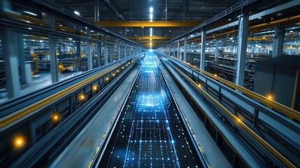 Obraz premium Factory Automation Data Flow on Conveyor, Industry 4.0